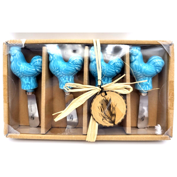Home Essentials Turquoise Rooster Spreader Shabby Chic Set of 4 NEW Old Stock - Picture 8 of 8